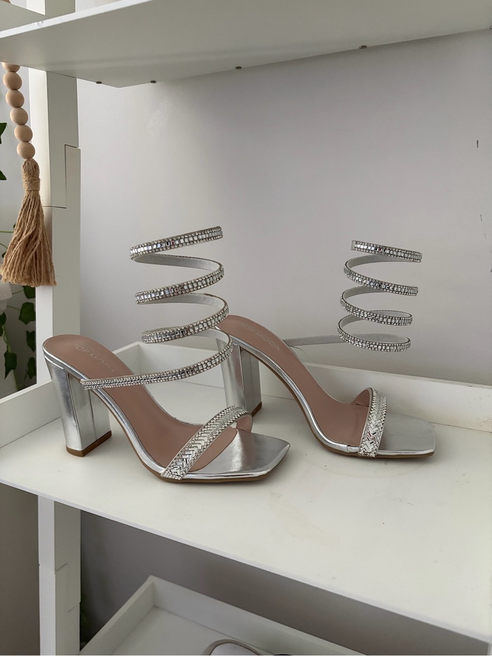 Windsor Silver Rhinestone Spiral Strap Block Heel Sandals